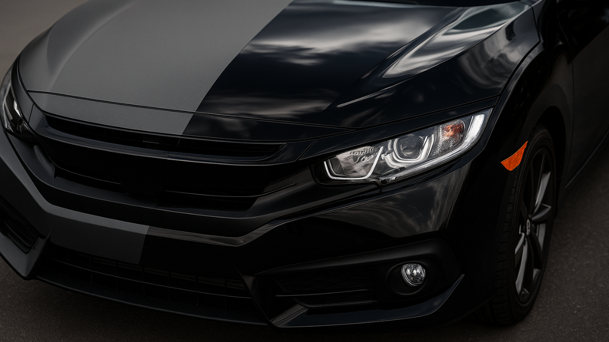 Carrosserie avec moitié mat et moitié brillant en vue large,opposition entre sobriété et éclat.